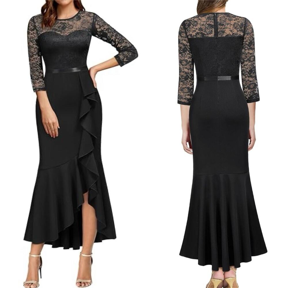 Missmay Black Lace Formal Dress S Ruffle Drape Slit Evening Cocktail NWT